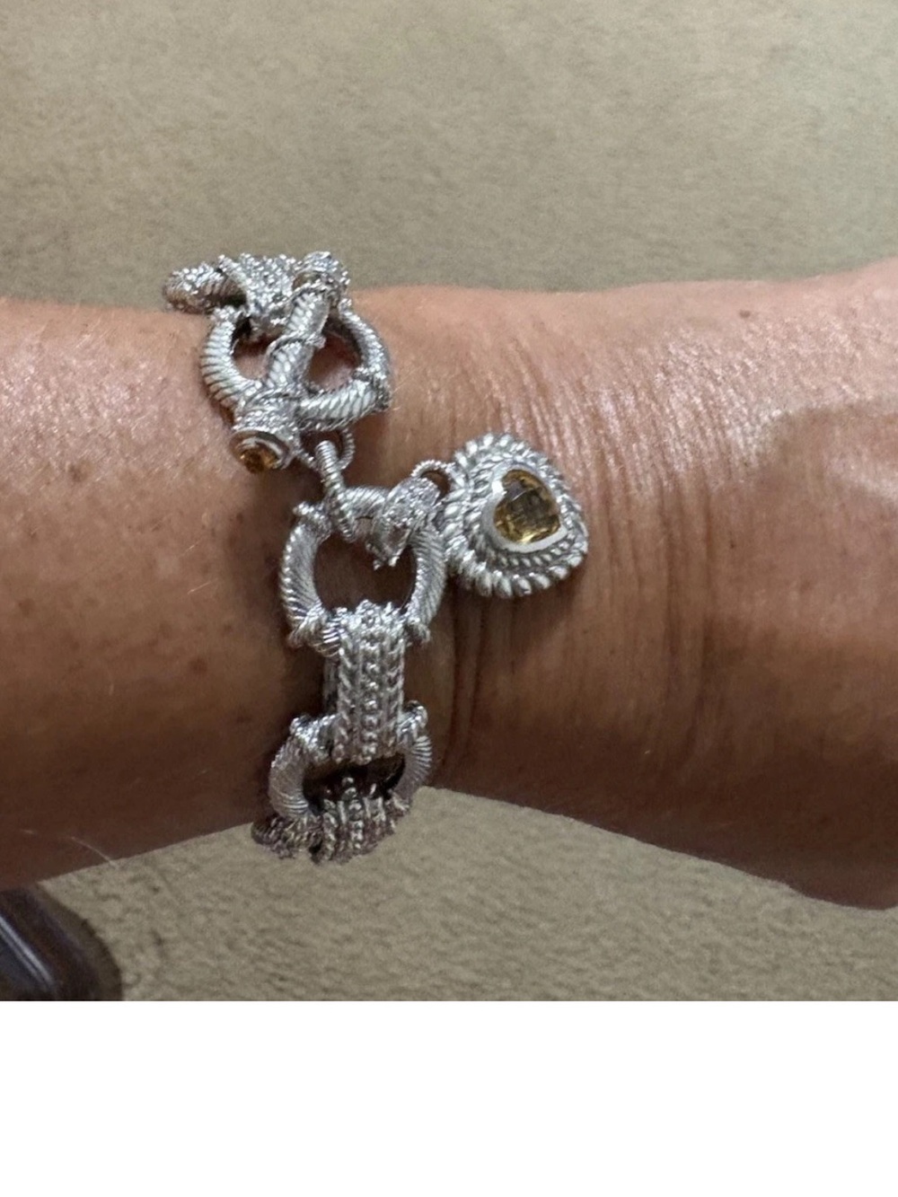 Judith Ripka Sterling silver Cz bracelet with a removable citrine heart pendant
